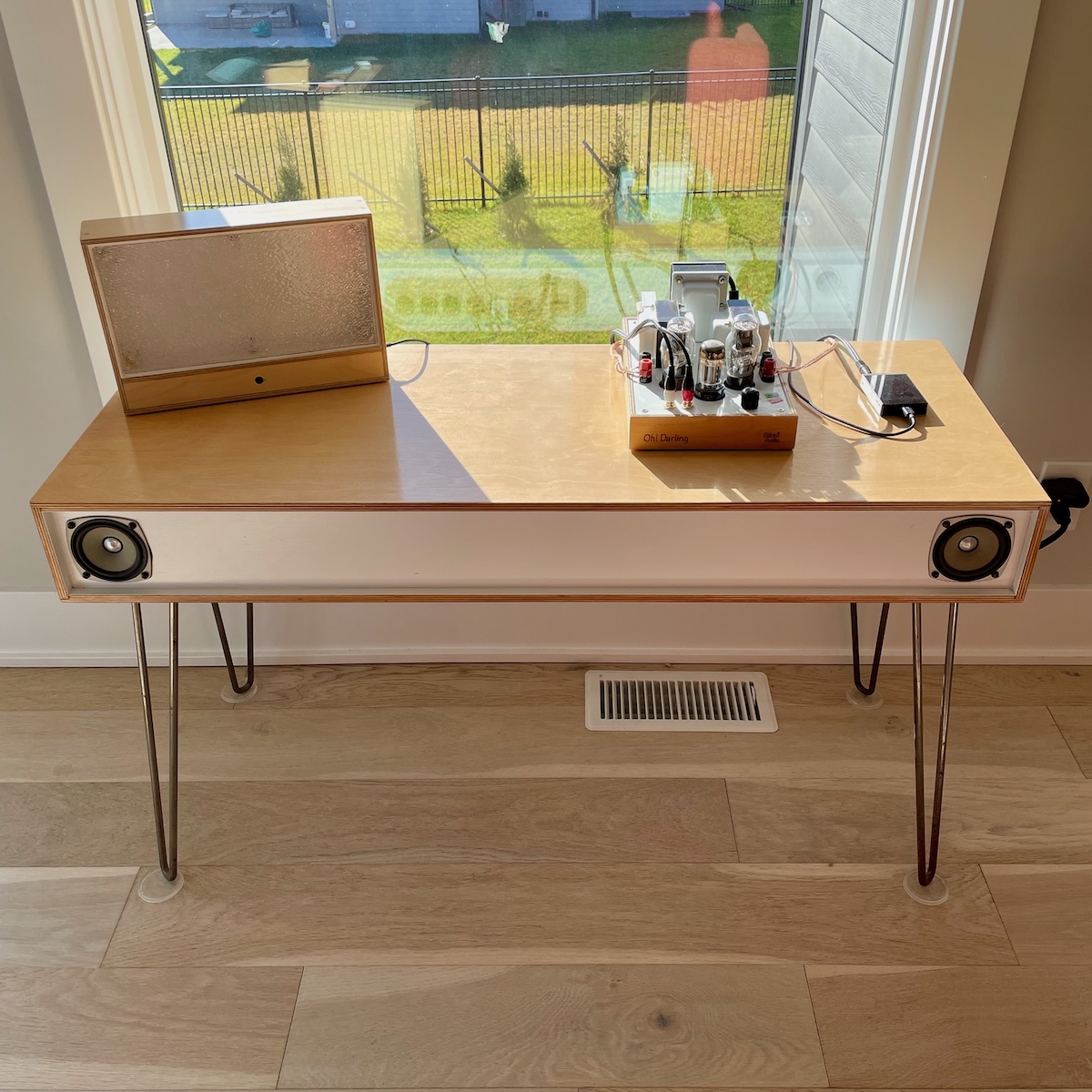 Sound set up — speakers, tube amp, MP3 player.