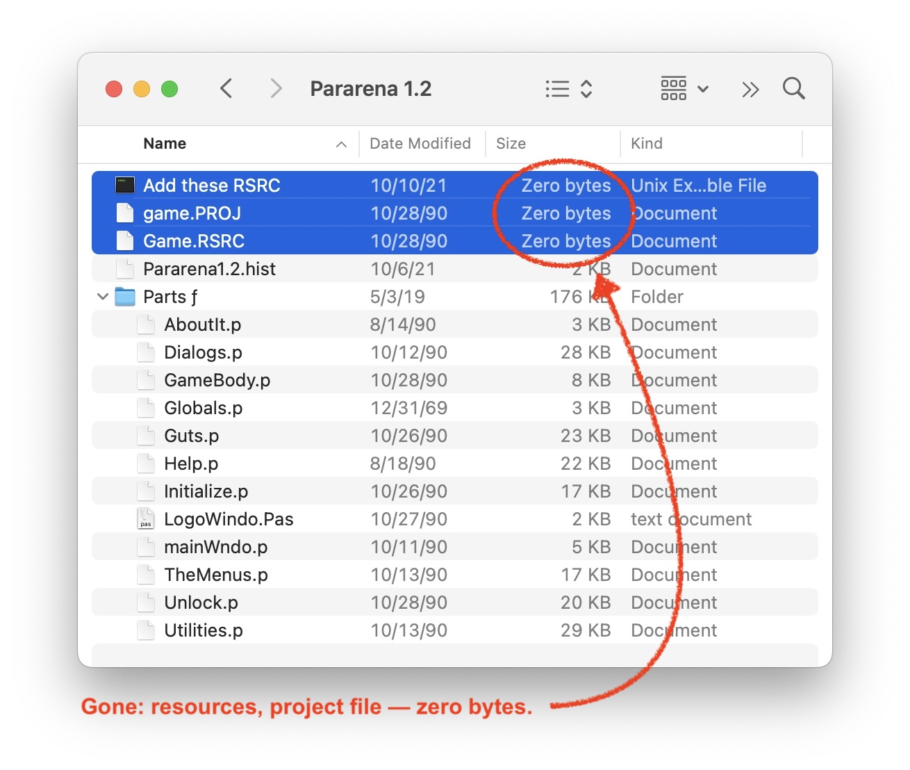 Folder showing files zero bytes in size.